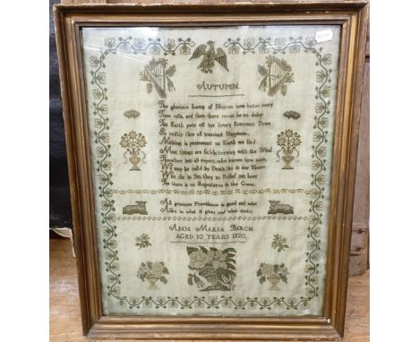 An early 19th century sampler, Autumn, by Ann Maria Birch Aged 10, dated 1820, 63 x 45 cma little dirty, torn/loss to edges, 