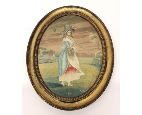 A 19th century embroidered oval panel, decorated a lady, 22 x 16 cmgenerally good, strong colours, cannot see any tears, fram