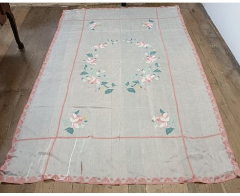 An Art Deco table cloth, decorated flowers, and its pair (2)