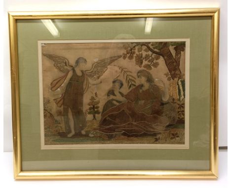 A Regency silk embroidered panel, decorated figures and an angel, 28 x 40 cm