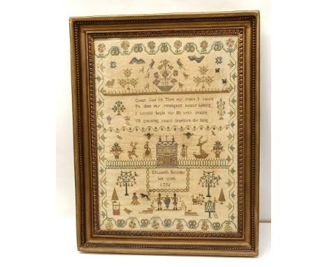 A late 18th century sampler, worked by Elizabeth Bowley her work 1796, 43 x 30 cmoverall good, some fading/staining which sho