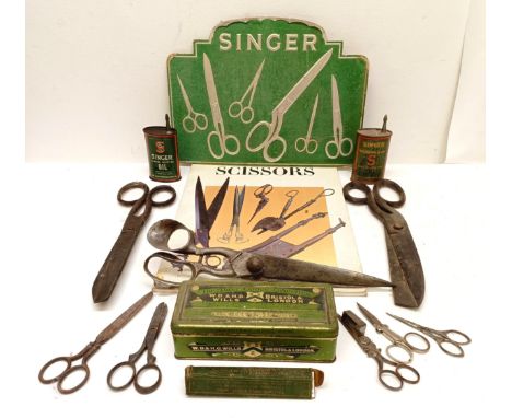 A vintage Singer Scissors advertising board, assorted scissors, and a book on scissors (box)  Provenance:&nbsp; A single owne