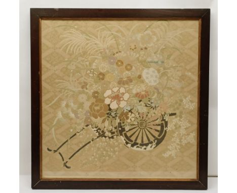 A Japanese embroidered panel, decorated flowers and a cart, 60 x 58 cm, and an embroidered panel decorated a peacock, 53 x 38