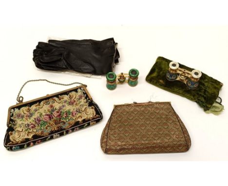 An embroidered handbag, a fox stole, two pairs of opera glasses and other items (box)