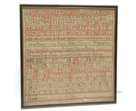 An early 19th century sampler, the Blaikie family, incorporating their names, initials, and letters of the alphabet, Craigicb