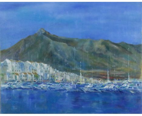 Marie K. Greene, Irish Contemporary  "Continental Harbour Scene," O.O.C., depicting a line of yachts and buildings beyond, ap