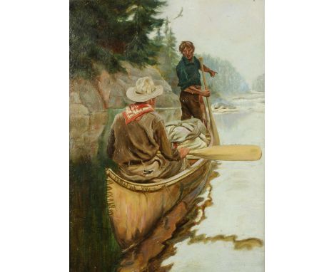 19th Century Hudson Bay, Canadian School  "Piloting the Rapids," O.O.B., depicting two figures in a canoe wearing typical att