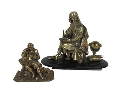 A cast brass Model, of a seated Philosopher, possibly Newton, wearing typical attire with paper and quill in hand and globe t