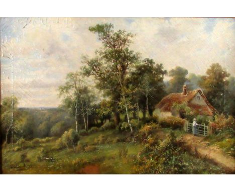 Octavius T. Clark, British (1850-1921)  "British Landscape with Cottage in foreground and Figure at Gate," and its companion 