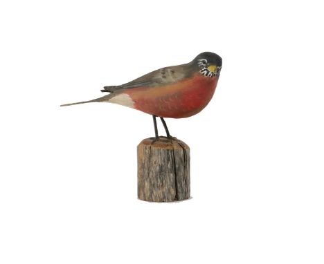 Peter Peltz, American (1915-2001)  "Robin," a carved and painted Model of a Bird perched on a wooden plinth, approx. 11cms (4