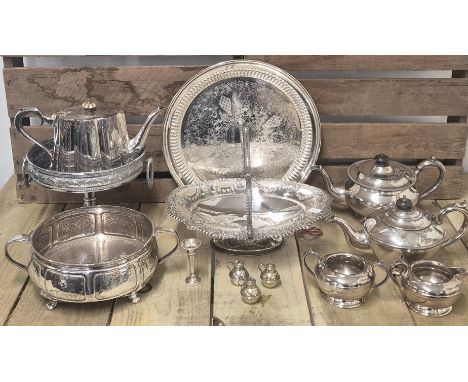 A Collection of silver plated wares; Hammered silver plated two handle art nouveau inspired serving bowl. Ornate swing handle
