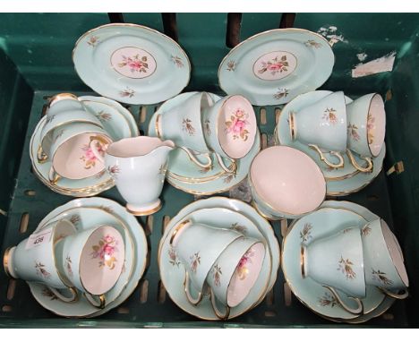 Large Sutherland Staffordshire blue background hand painted flower scene tea service 