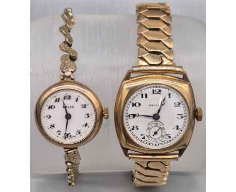Two vintage watches; 9ct yellow gold cased Rolco watch with plated elasticated band. Rolled Gold Nallog Shock Absorber wrist 