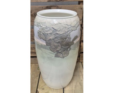 A Large possible Royal Copenhagen vase. Song thrush bird and berry design. Landscape background. As found. See images. 44cm h