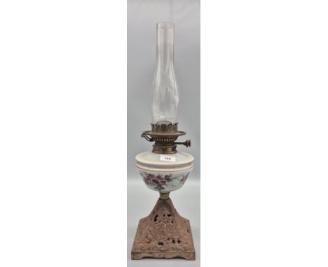 19th Century Youngs Oil lamp with glass funnel &amp; Hand painted Glass Reservoir. 57cm high 