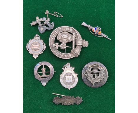 A Selection of Silver and silver plate badges and fob medals; Sheffield silver and enamel rifle badge- missing catch. Birming