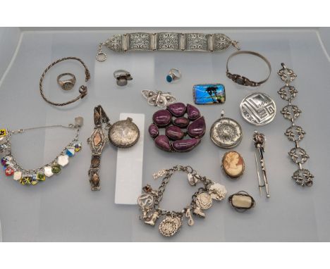 A Collection of silver jewellery; 925 silver Indian bracelet. various rings, Enamel and silver souvenir bracelet, silver char