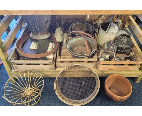 Three Crates of Vintage Garden tea pots, watering cans, jelly pan, toad stool garden ornament, stone plaques &amp; other item