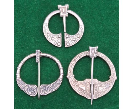 Three Silver Celtic design plaid brooches. Robert Allison Glasgow silver plaid. Alexander Ritchie of Iona Glasgow silver plai