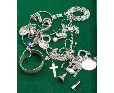 A Collection of mixed silver jewellery and other jewellery; Edinburgh silver Christening Bangle. England Rose Silver pendant.