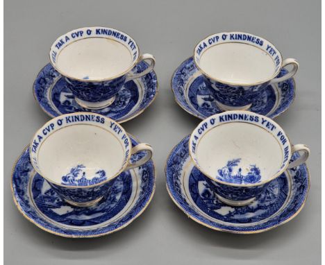 19th century Sons &amp; Willow blue and white tea cups and saucers. "We'll Tak A Cup O' Kindness Yet For Days~0~ Auld Lang Sy