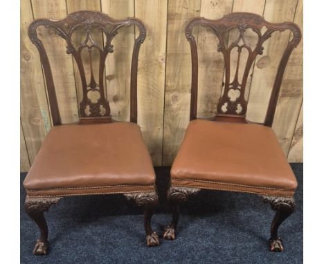 A Pair of Victorian, Chippendale revival dining chairs. Pierced splat back, leather upholstered and raised on ball and claw f