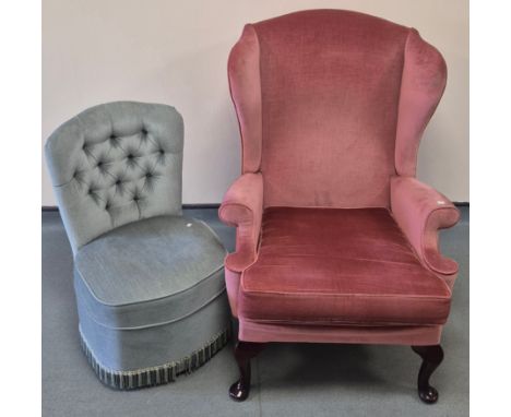Vintage Parker Knoll Gullwing arm chair together with Blue velveted button back bedroom chair 