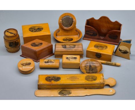 Tray of Mauchline ware; Razor sharpener, needle holder, bank, Postcard holder, drinking cup holder, page turner and many more