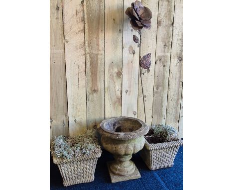 A Vintage Concrete Urn planter together with A Pair of garden Planters 
