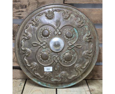 Vintage Peerage England brass display shield. 41cm diameter. 