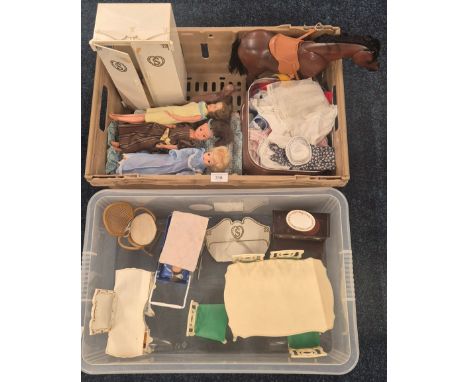 Two boxes of vintage Sindy Furniture and dolls; Sindy wardrobe, dining table with four chairs. Hostess trolley containing dis