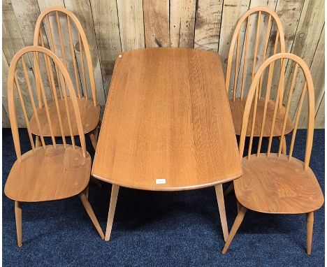 Vintage Blonde Ercol elm wood drop end dining table and four matching chairs. 72x125x115cm. 