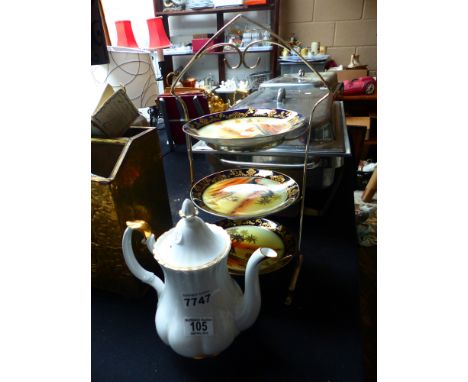 White metal cake display stand and ceramic plates and Royal Albert teapot 