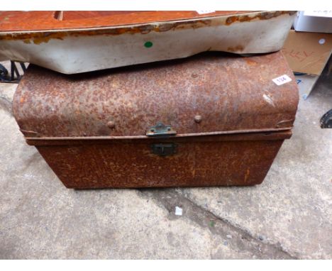 Tin luggage box with vintage tool contents