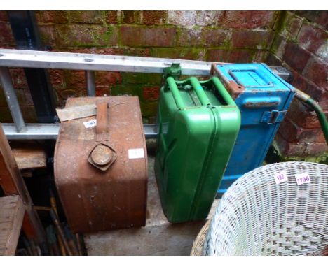 Two vintage petrol cans, metal tool box and set of chimney sweeps brushes