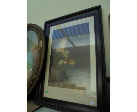 Large Victorian print being heavy oak frame dated 1886 of seated boy with clay pipe entitled ' Bubbles' from the original pai