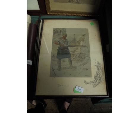 3 Attractive prints of World War I soldier in frames, first marked 'The Gunner' stating Good Hunting Old Sportsman, 2nd entit