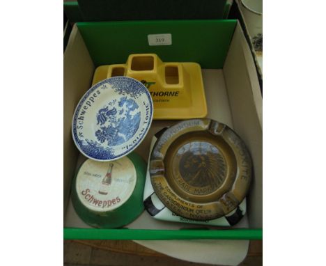 5 advertising items being Schweppes Indian Tonic change bowl, early Schweppes Soda Water Ginger Ale bowl, ashtray with the co
