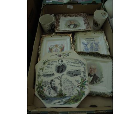5 Commemorative porcelain plates and two drinking containers, one showing H M Stanley Cape Town, arrived with the relief expe