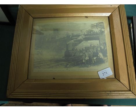 Print of The First Locomotive passing Great Grimsby Church on the Manchester/Sheffield and Lincolnshire Railway in gold paint