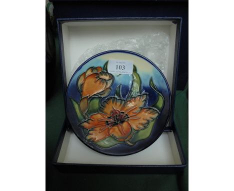 Boxed Moorcroft 'Spraxia' pattern small plate marked to base with 'Moorcroft number 248 c.98 WM'