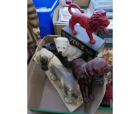 4 large advertising items, Black and White Scotch Whisky dog figures on base, large Red Lion on stand with Booth's gin, St. B