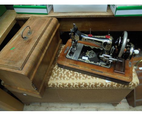 Superb vintage sewing machine with lidded case by Frister &amp; Rossmann detailed decorative design, case also marked in mixe
