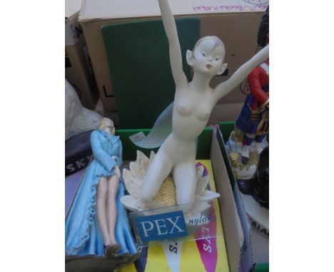 Unusual lot, model of a Nymph on water lily with plastic front stating Pexs Nylons with raised arms with wire to hold nylon s