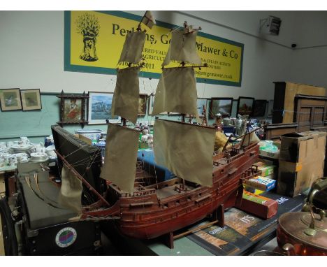 Large model wooden galleon with sails on stand (Guide Price £20 - £40) METALWARE