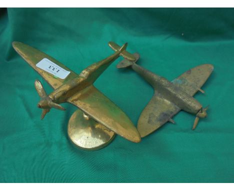 2 brass model aeroplanes of Spitfire Fighters, 1 with stand