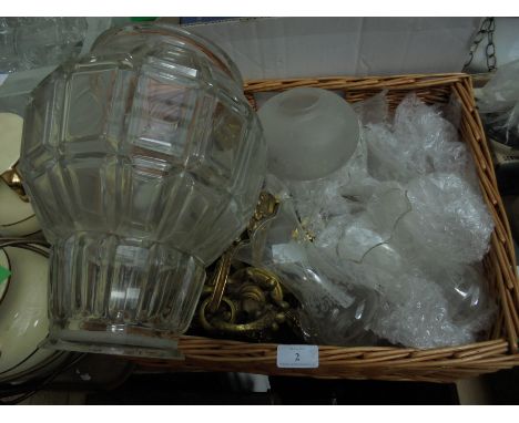 Basket containing a selection of wall and ceiling light fittings incl. glass lamp shades and additional large glass shade
