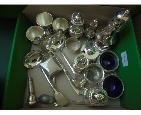 Box containing a number of small silver plated items being sugar sifter, 4 pepper pots with pierced and decorative tops, 3 sa