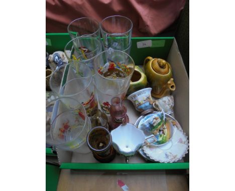 Box containing 12 drinking glasses, 6 of hunting design and 6 of various birds, small pottery tea pot and sugar bowl of a sna