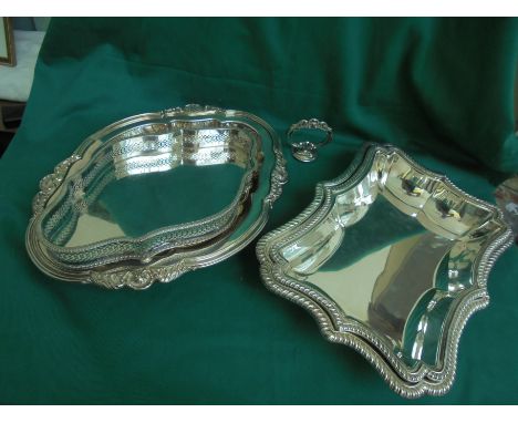 2 entrée dishes with detachable handles and elaborate decoration together with 3 further silver plated serving dishes, 1 by M